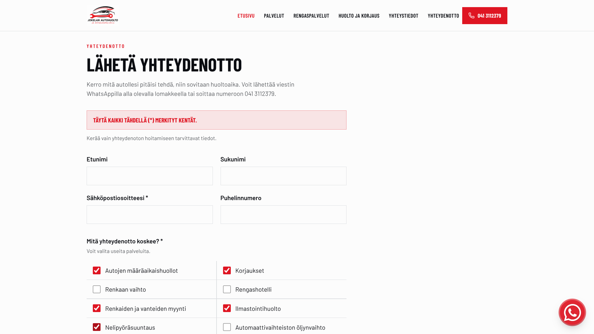Jokelan Autohuolto — yhteydenottolomake ja palveluvalinnat
