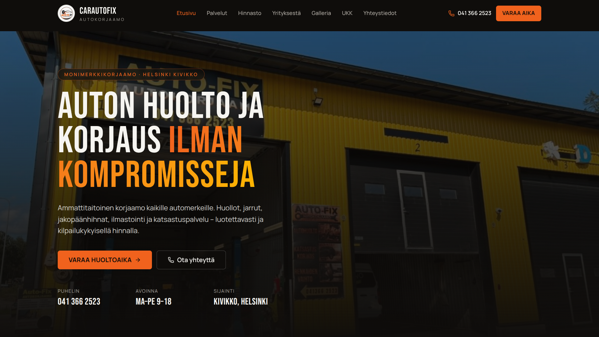 CarAutoFix — etusivun hero ja yhteystiedot