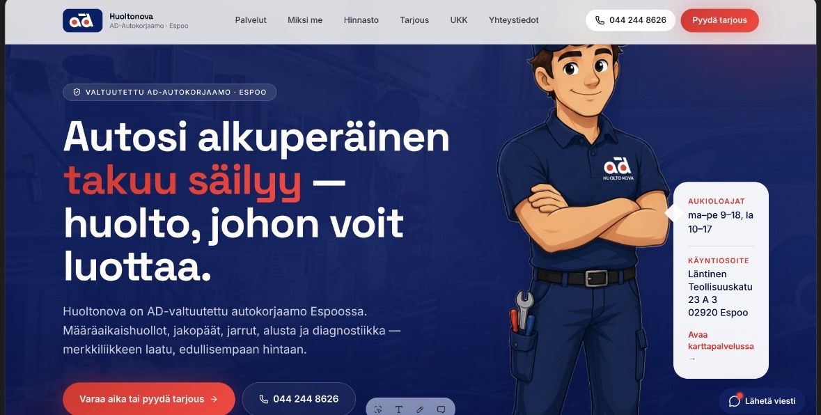 AD-Huoltonova Espoo — etusivun hero ja aukioloajat