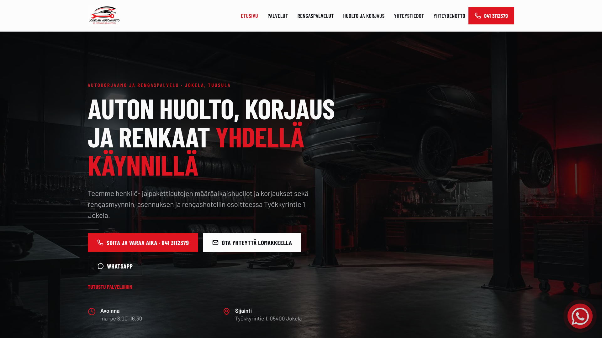 Jokelan Autohuolto — etusivun hero ja pikatoiminnot
