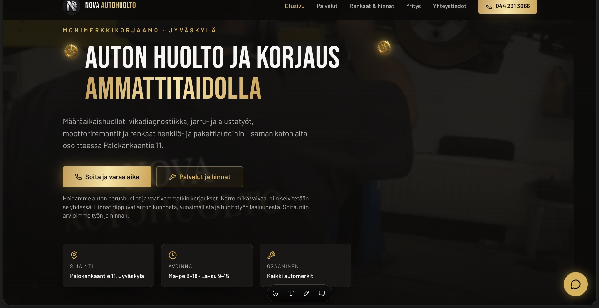 Nova Autohuolto — etusivun hero ja yhteystiedot