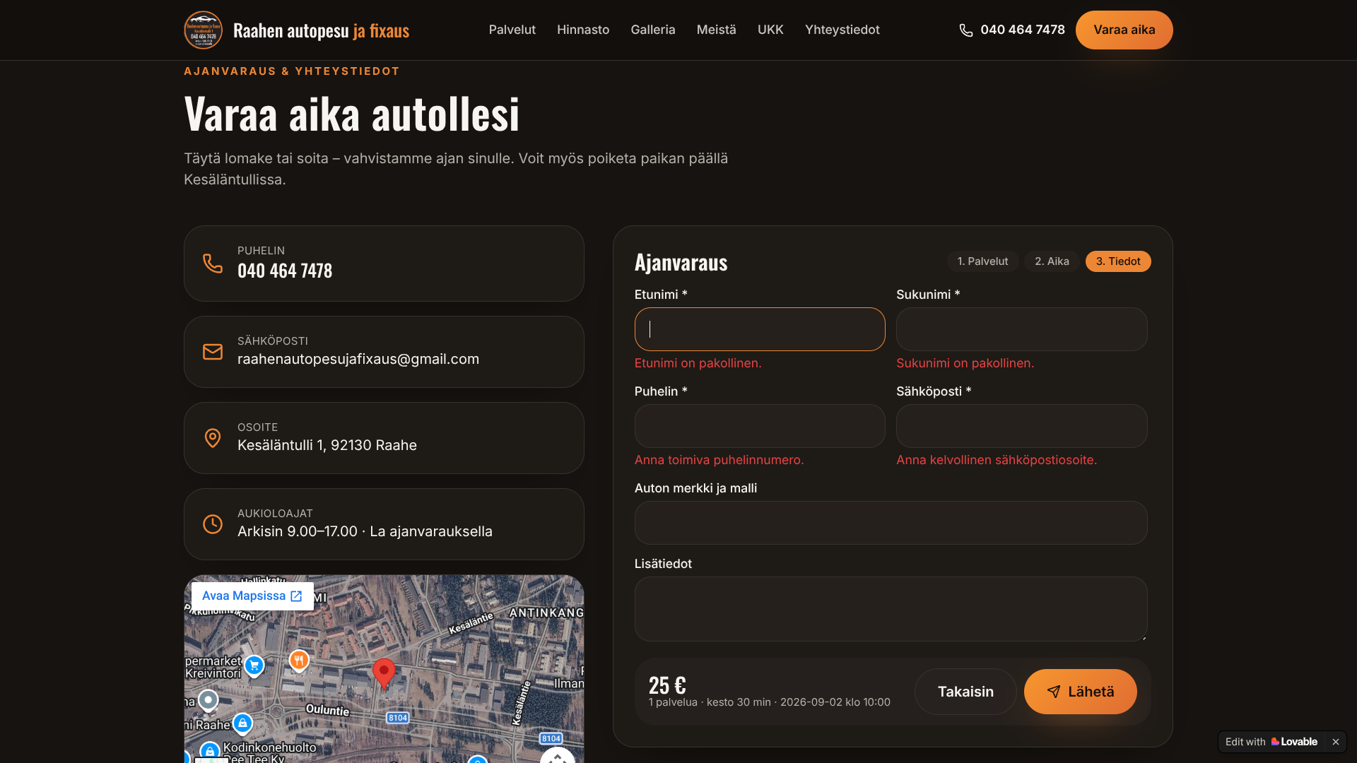 Raahen autopesu ja fixaus — varauslomake ja yhteystiedot