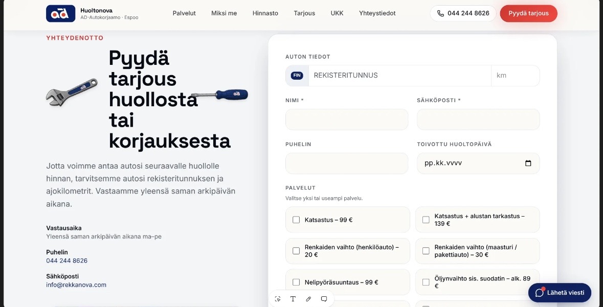 AD-Huoltonova Espoo — tarjouspyyntölomake ja palveluvalinnat