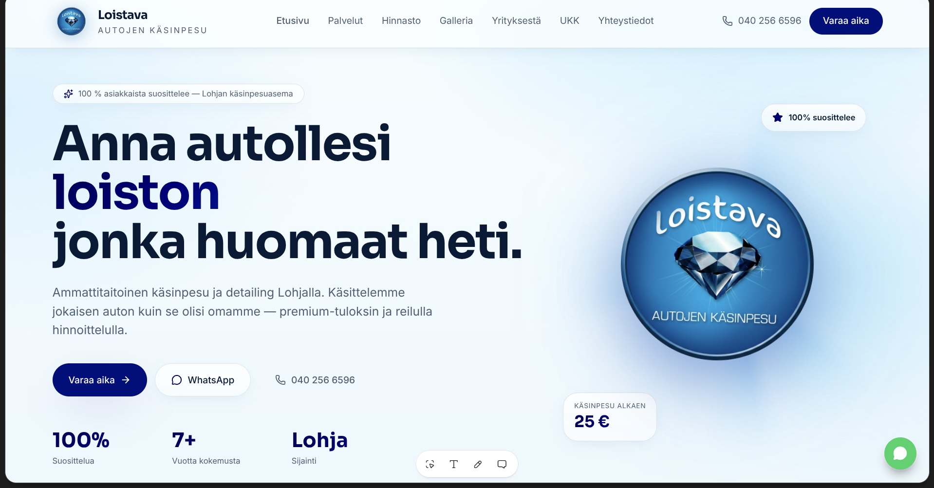 Loistava Autojen Käsinpesu — etusivun hero
