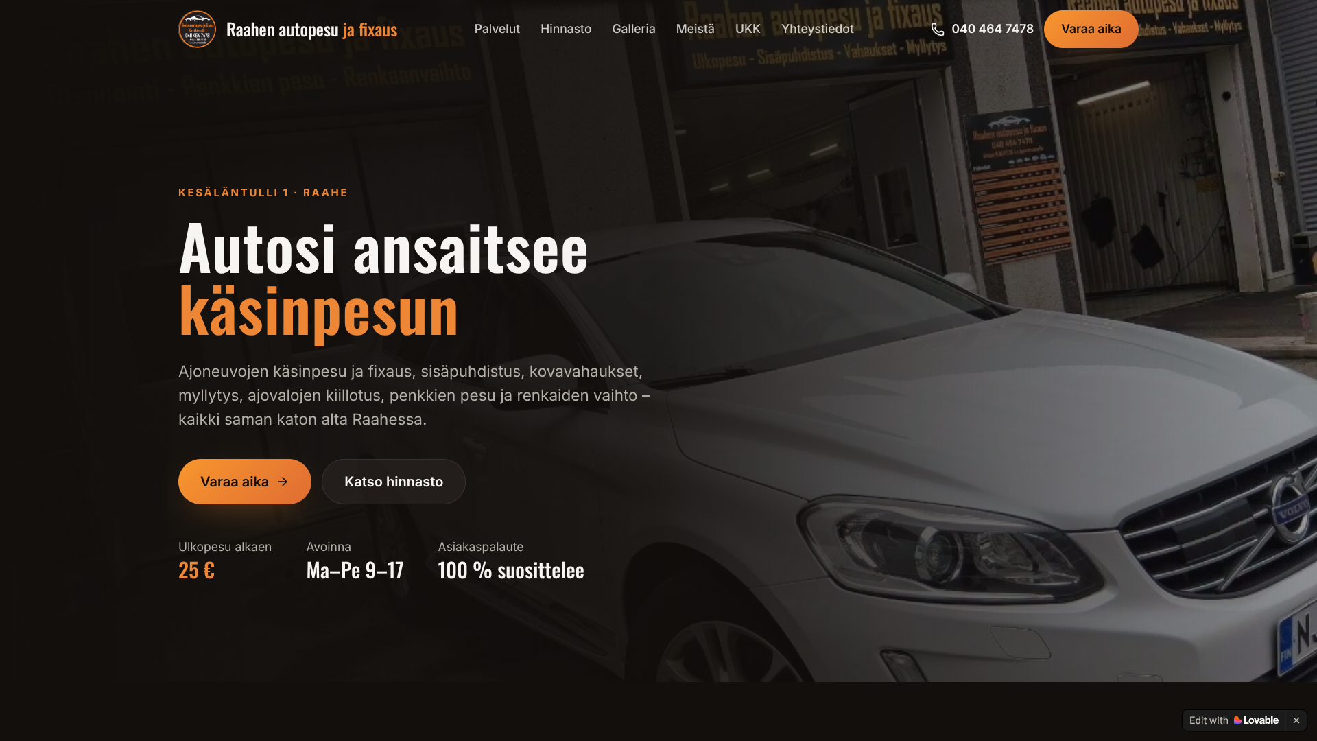 Raahen autopesu ja fixaus — etusivun hero